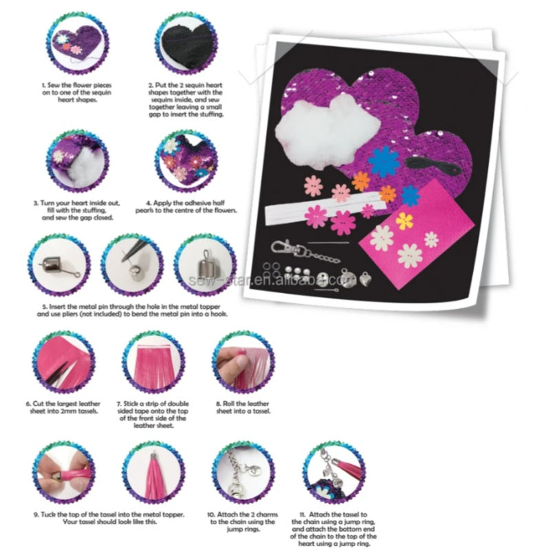 DIY Sequin Bag Charm Toy For Kids Heart/Unicorn/Lama Design