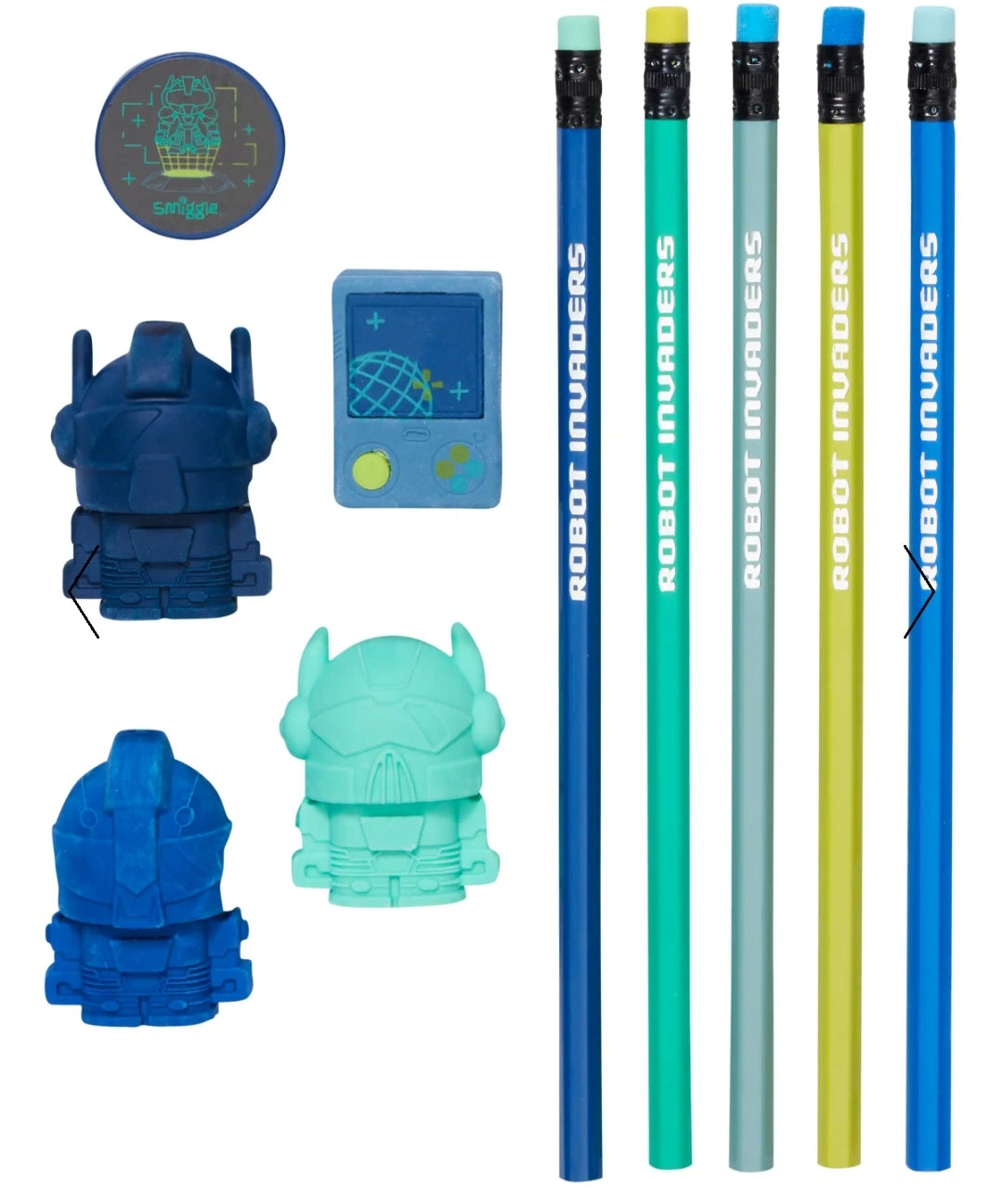 Smiggle Pencil & Eraser Set Robot Invaders