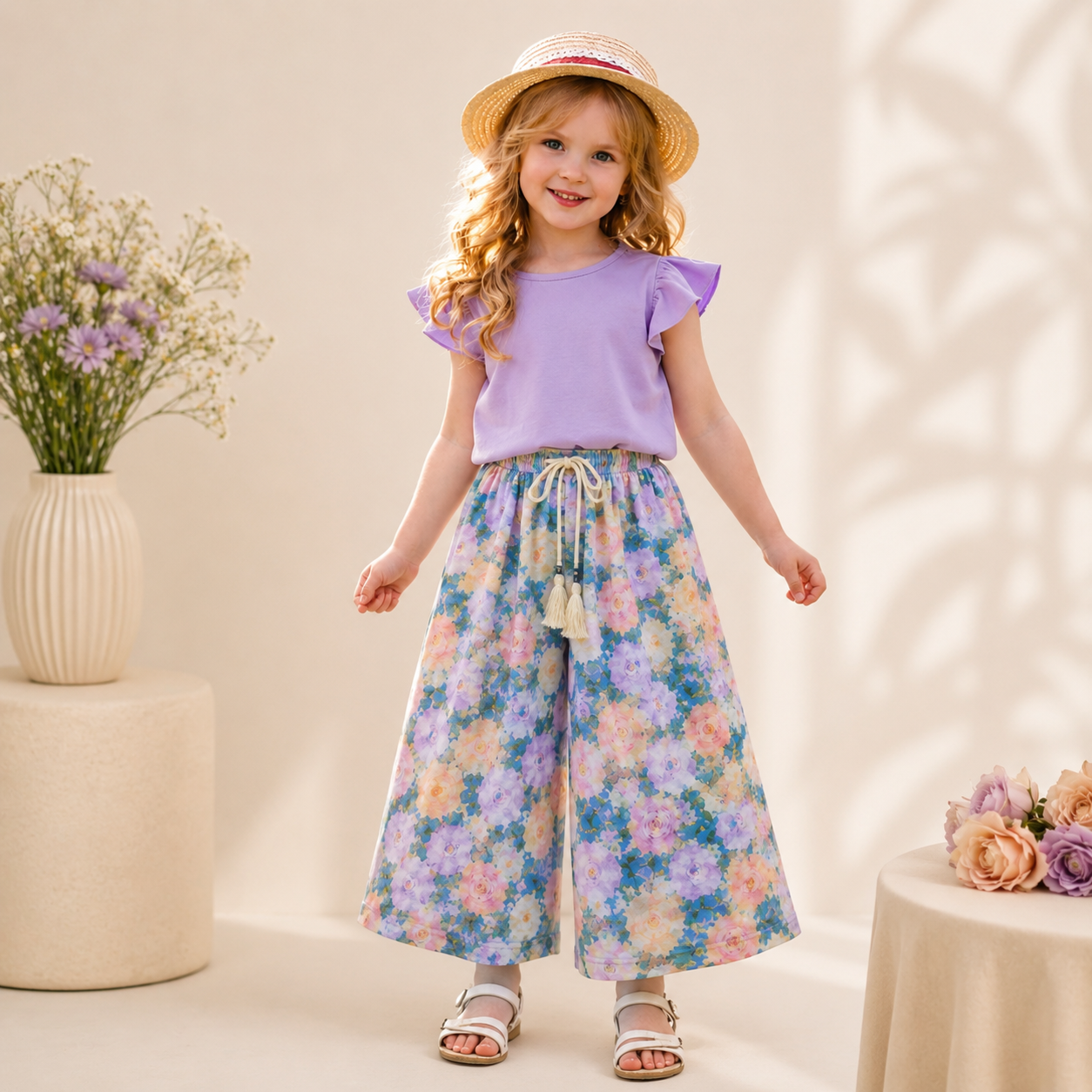 Wide Pants Purple Flowers Outfit | Size 4-14y