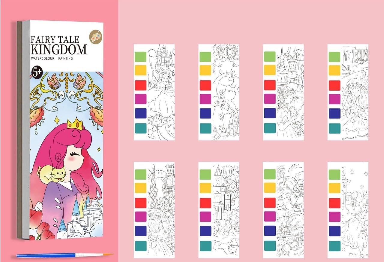 Activity Coloring Books, Watercolor Painting with Brush, 12 Sheets 3+