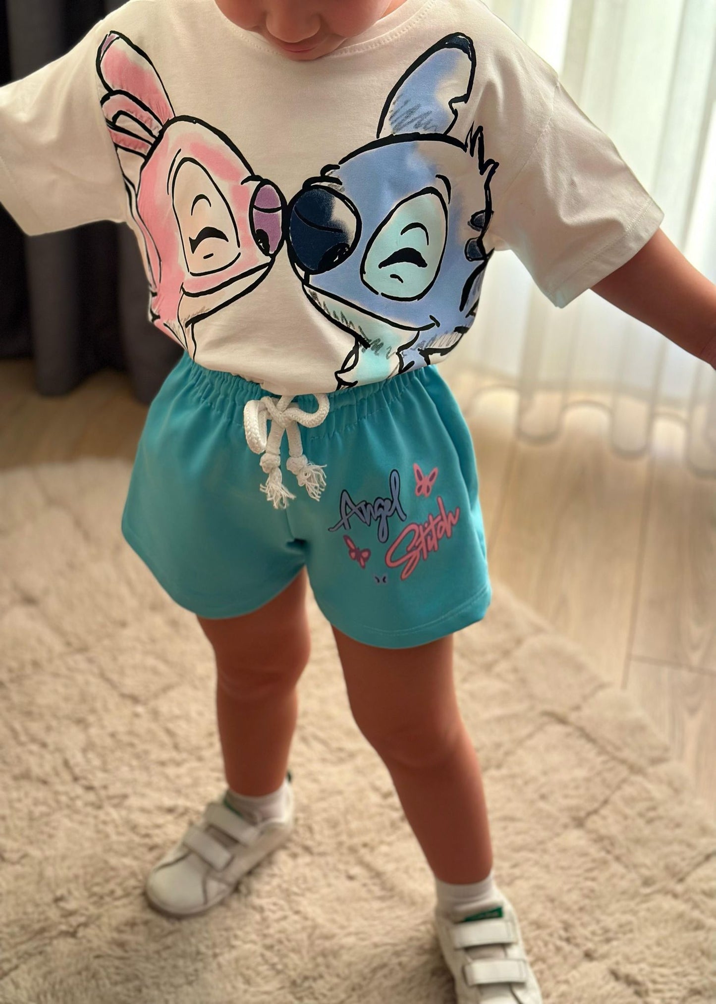 Outfit For Girls Stitch Design Blue/Pink Short Size 3-10y