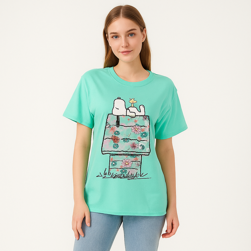 Tshirt For Women Snoopy Floral Design Peanuts Oversized Mint Color Size XS-S