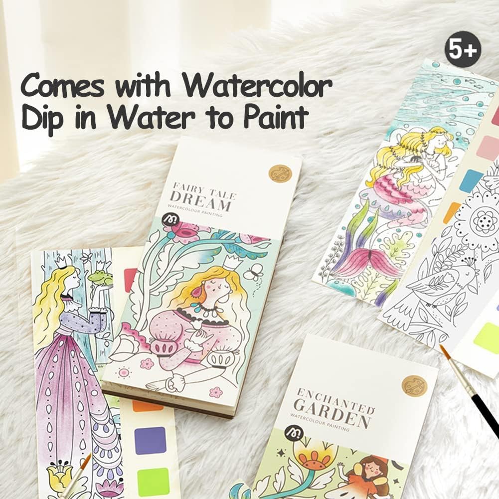 Activity Coloring Books, Watercolor Painting with Brush, 12 Sheets 3+