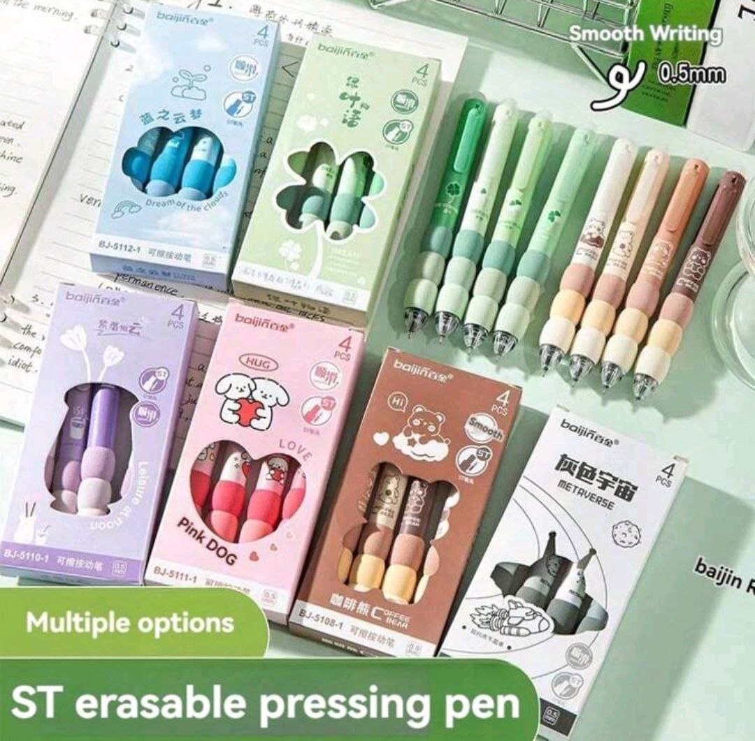 Cartoon Erasable Pen Pack Of 4 Pcs Black Or Blue Ink Press Pen 0.5mm