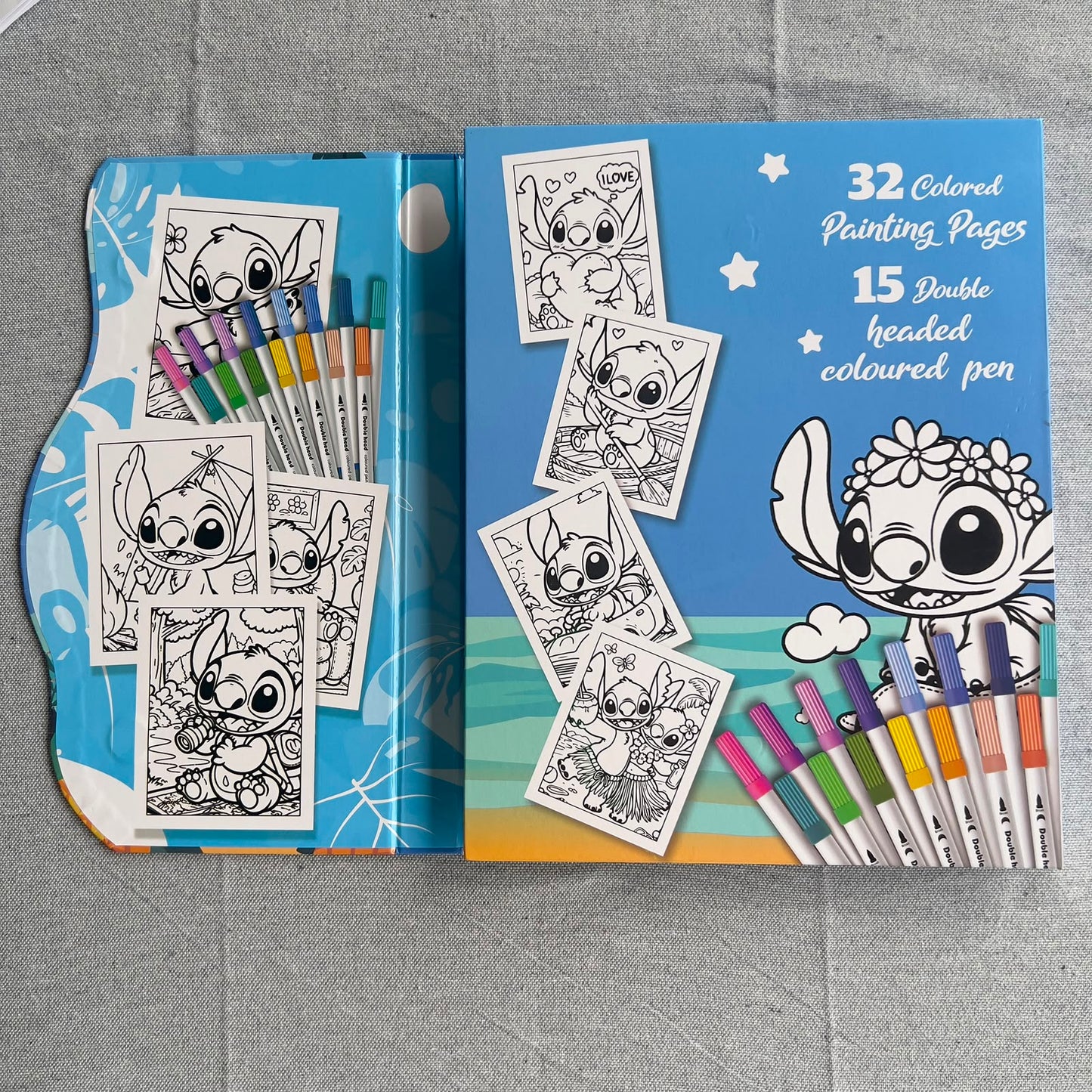 Large Stitch & Angel Coloring Book Set with 15 Double-Ended Markers β 32 Pages