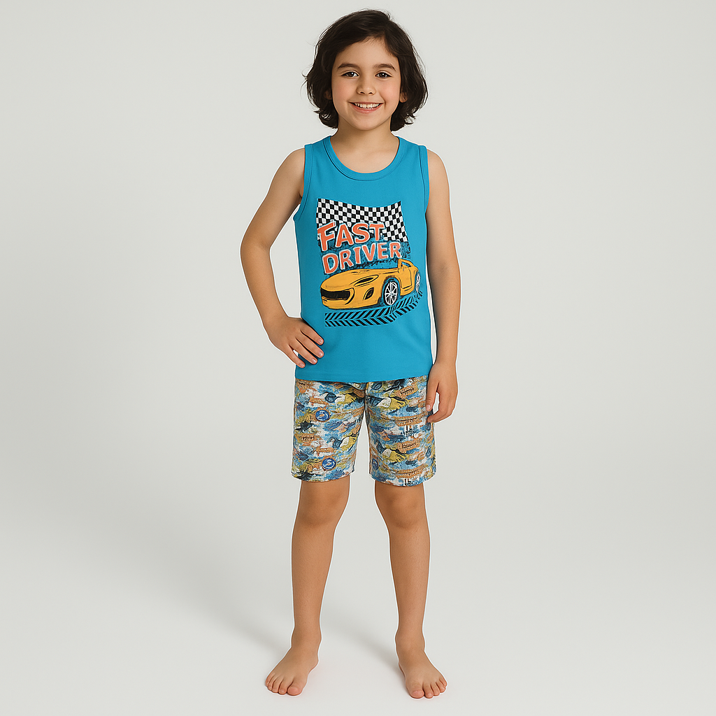 Pyjama For Boys Fast Driver Car Design Set Of 2Pcs Size 7-8y