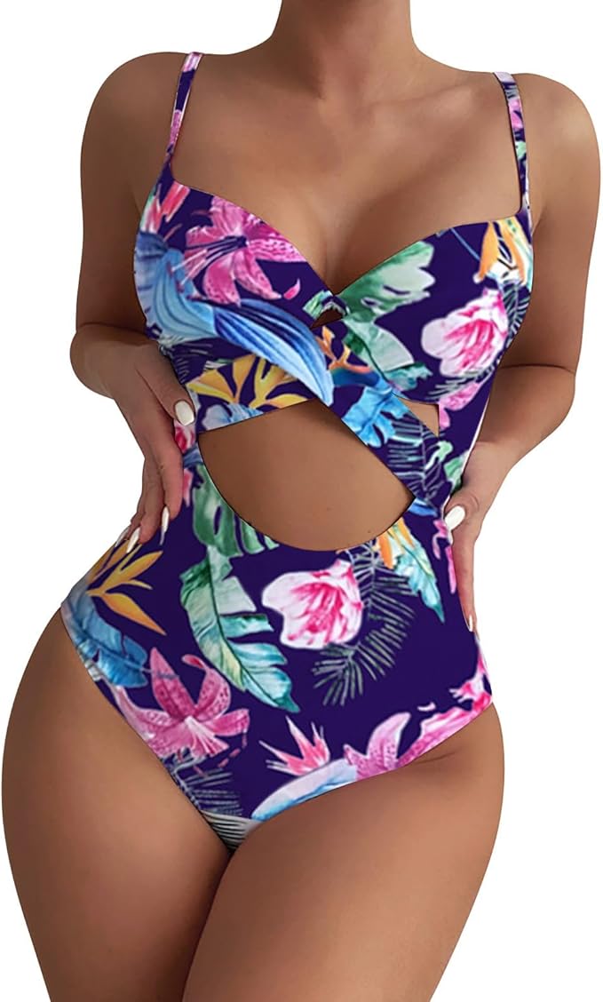 One Piece Swimsuit Women's Push Up Tummy Control Floral Design Size S-M