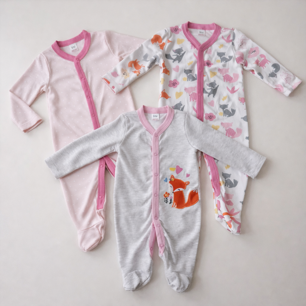 Set Of 3 Pcs Girls Babywear Fox Design Size 9-12m Cotton
