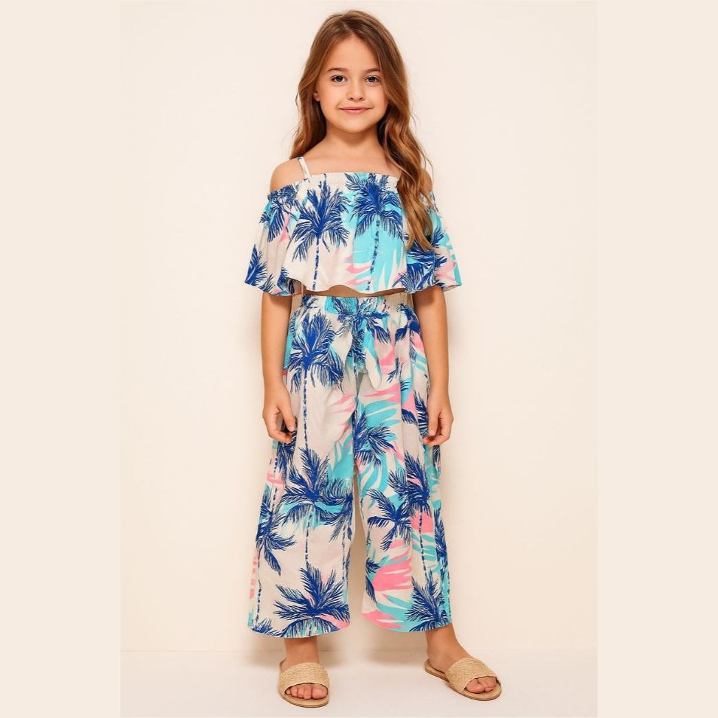 .Outfit For Girls Palm Trees Design Set Of 2 Pcs Crop&Pant Size 4-12y