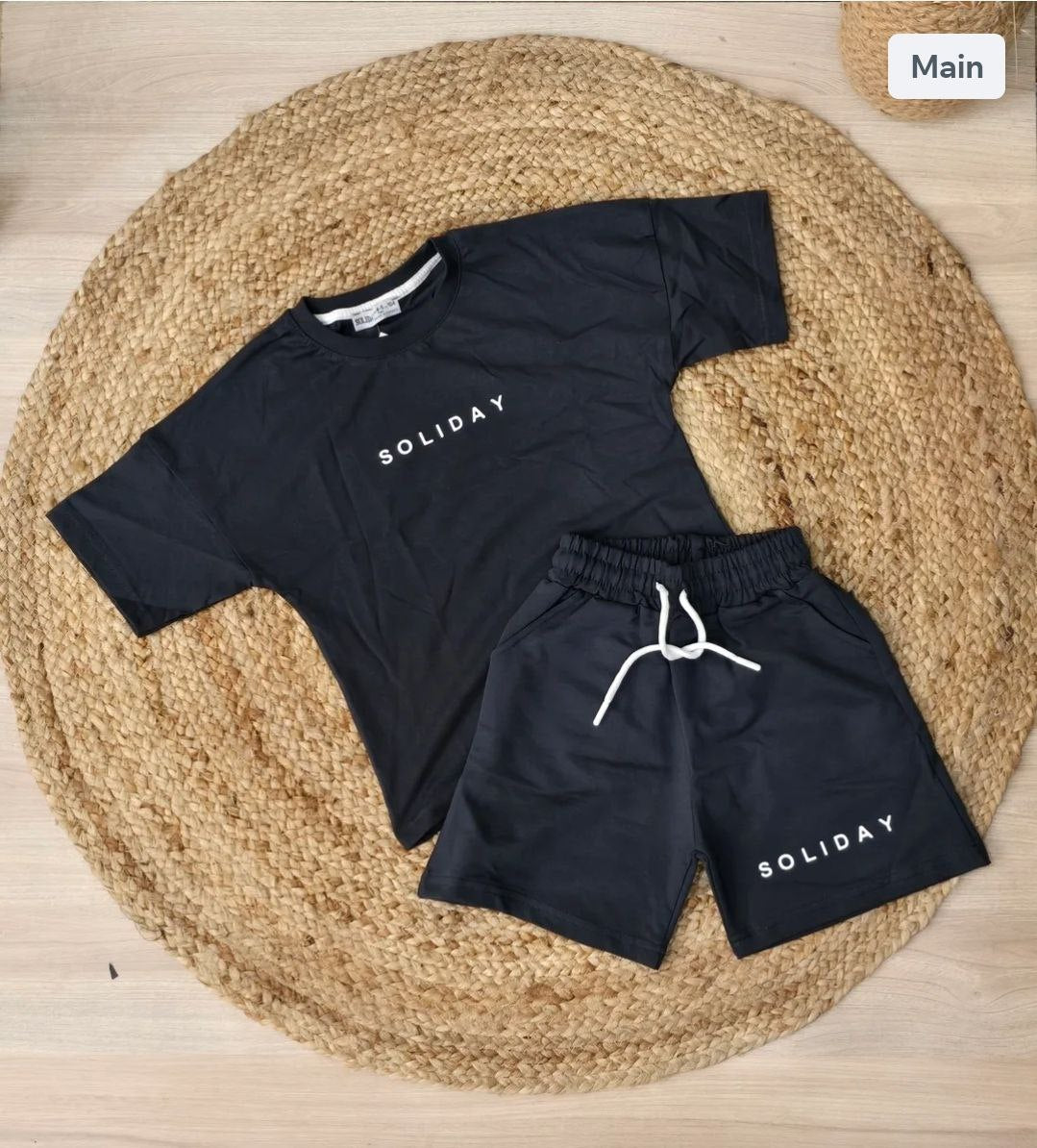 .Outfit For Kids Soliday Black Set Of 2 Pcs Tshirt&Short Size 7-8y