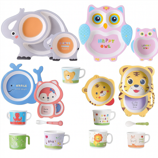 Kids Dinnerware Set - Children Dishes 100% Bamboo Fiber