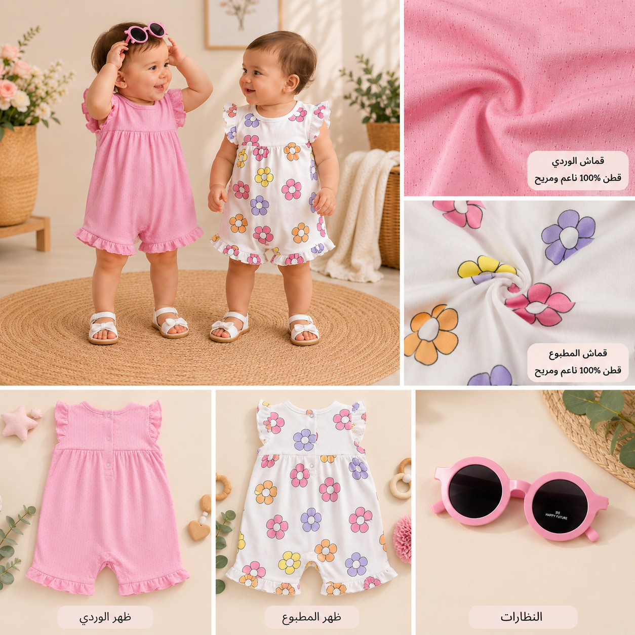 Baby Girls 3PCS Romper Set with Sunglasses | Size 3-18M