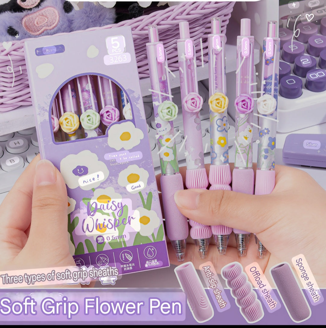 Flower Press Pen Pack Of 5 Pcs Black Head 0.5mm