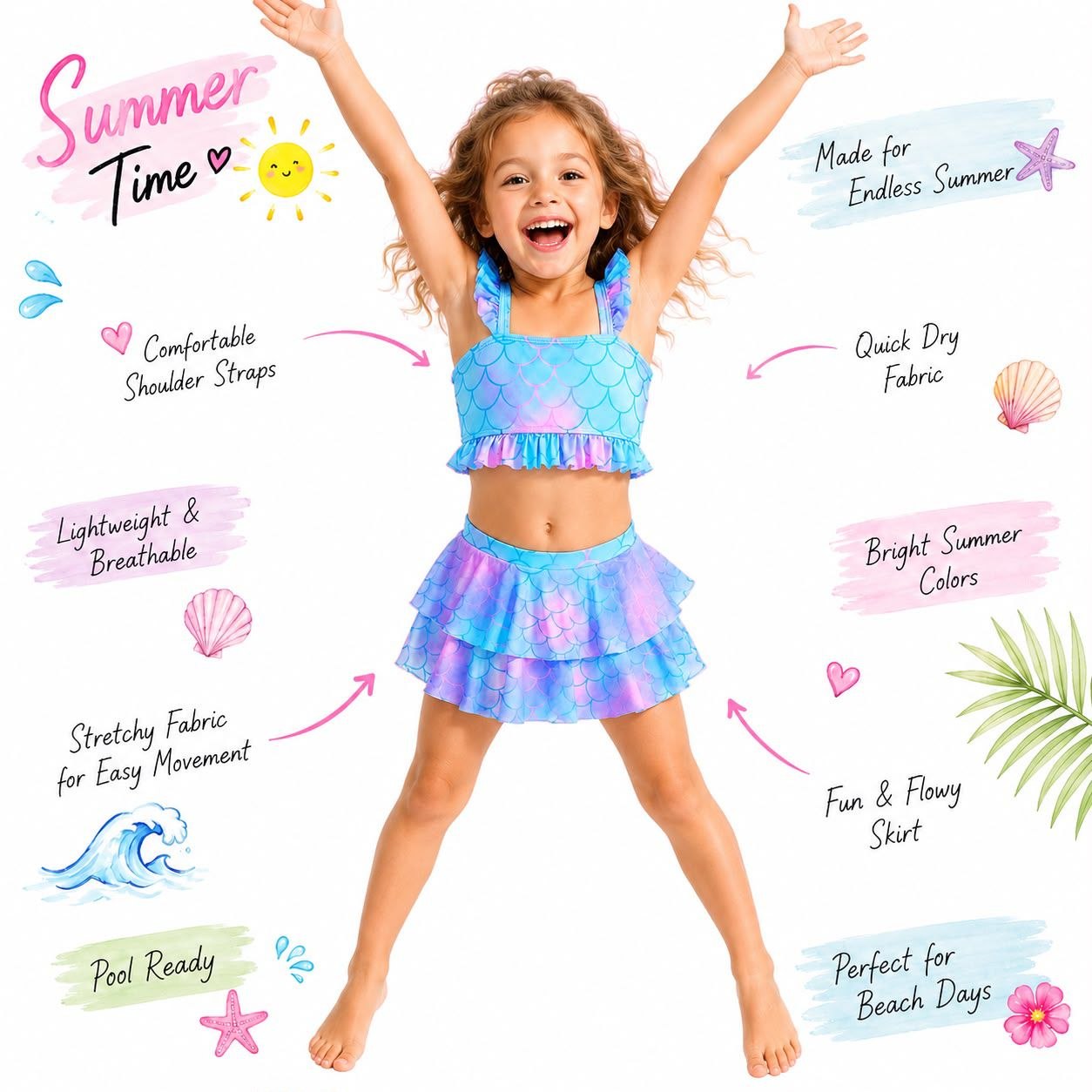 Girl 3-Piece Mermaid Print Swimwear Set | Size 8-12y