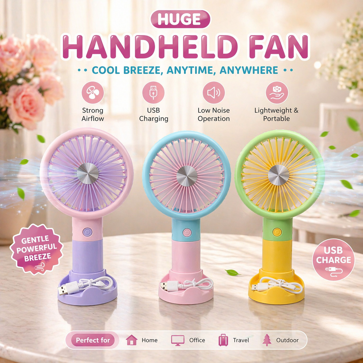 Portable Handheld Fan with USB Charging – 3 Colors Mini Cooling Fan