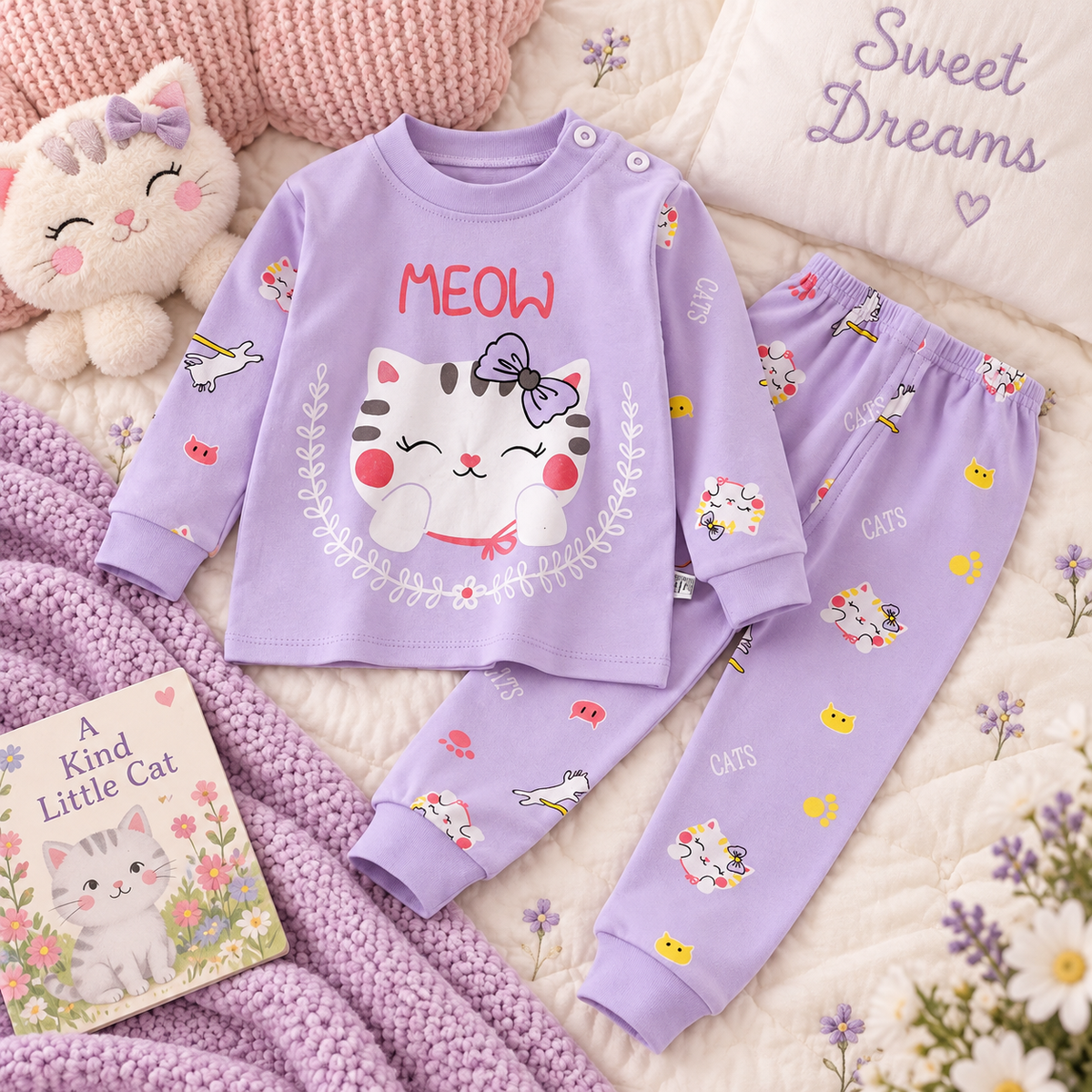 Girls’ 100% Cotton Meow Kitty Pajama Set | 0–8Y