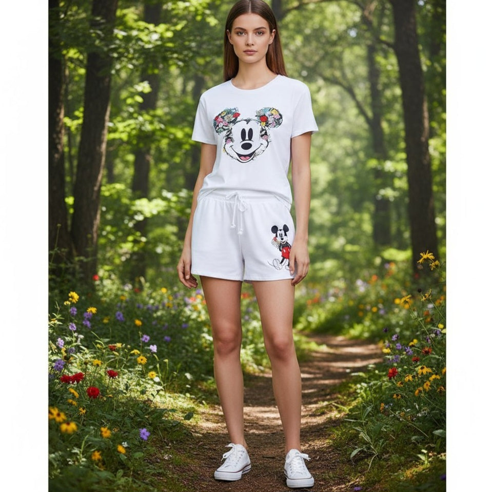 Outfit For Women Mickey Mouse Floral Design Set Of 2 Pcs Tshirt&Short Size XS-S