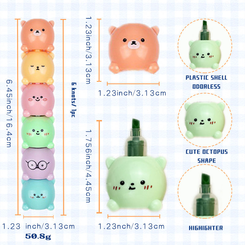 Highlighter Pens Set Of 6 Pcs Bear Design