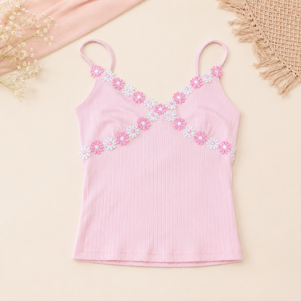 Girl Floral Ribbed Cami Top – Soft Pink | Size 12-14y