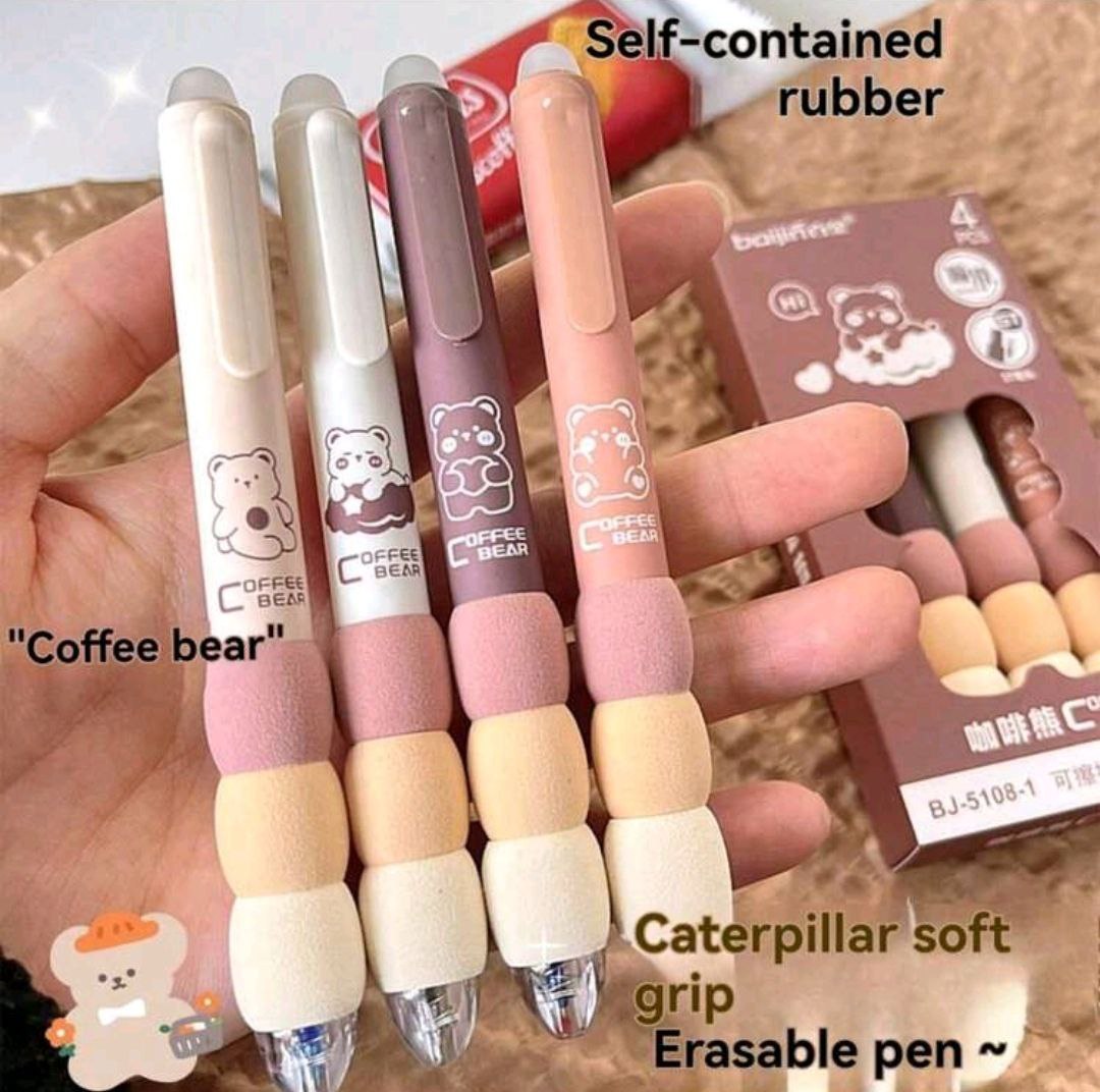 Cartoon Erasable Pen Pack Of 4 Pcs Black Or Blue Ink Press Pen 0.5mm