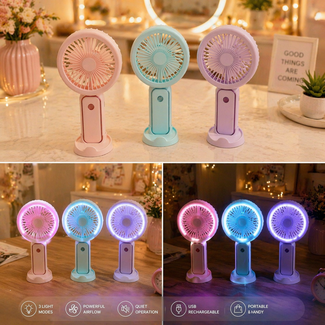 Rechargeable Mini Fan with LED Light – 3 Colors
