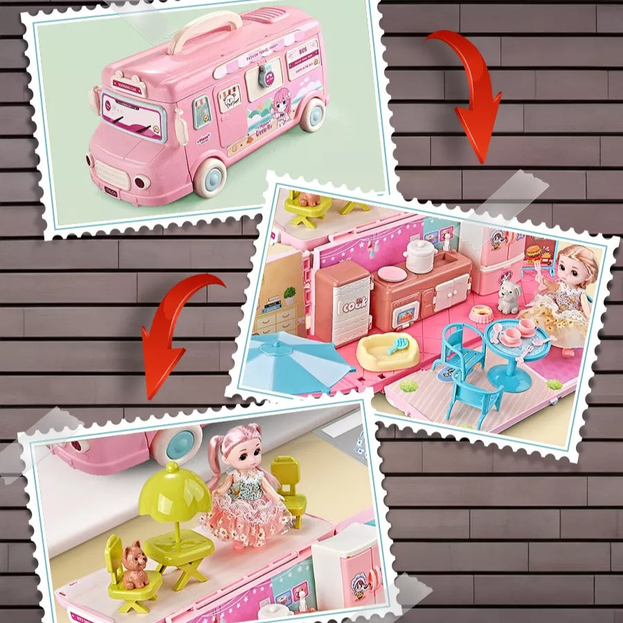 2 in 1 camper and dollhouse set with light and sound effects