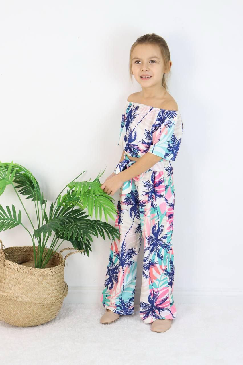 .Outfit For Girls Palm Trees Design Set Of 2 Pcs Crop&Pant Size 4-12y