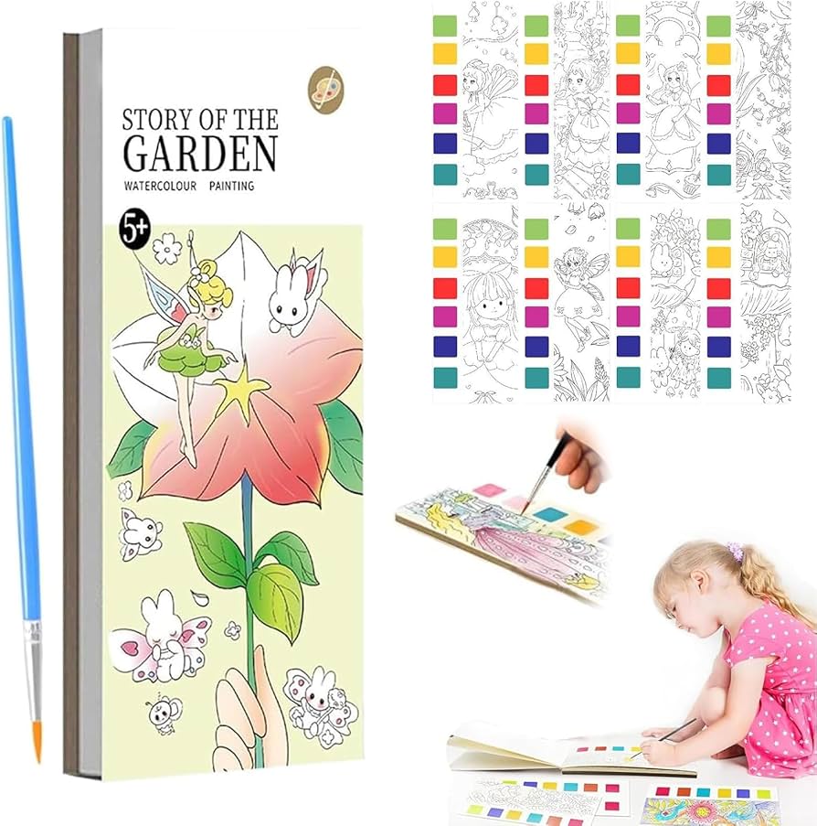 Activity Coloring Books, Watercolor Painting with Brush, 12 Sheets 3+