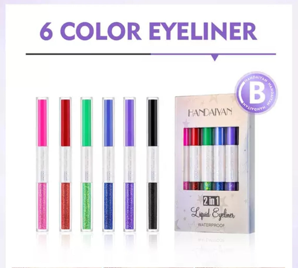 Liquid Eyeliner, Double Ended Matte and Glitter, 6 Colors Pack