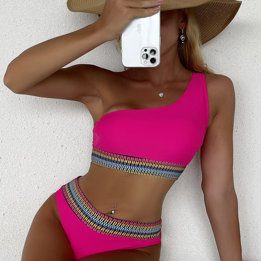 Swimwear Two Pieces One Shoulder Bikini Set Size S-L