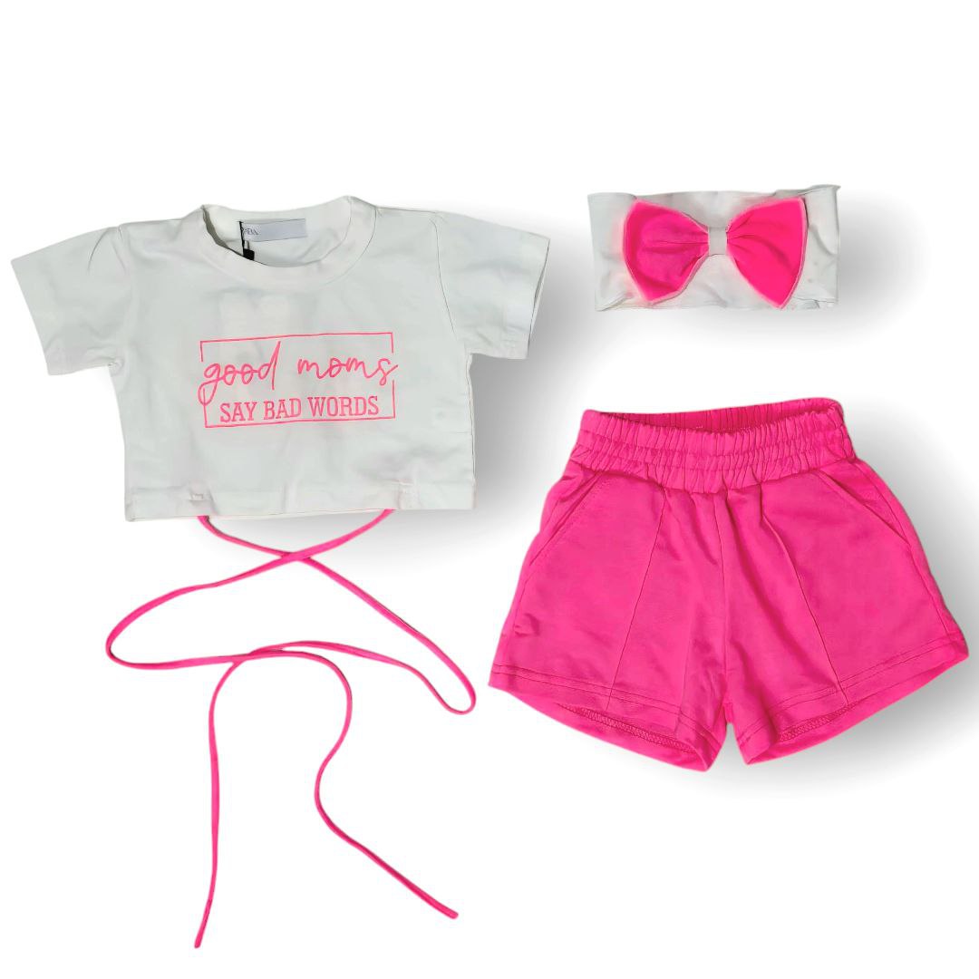 Cute Outfit For Girls Set Of 3 Pieces T-shirt Short Headband Size 6-10y