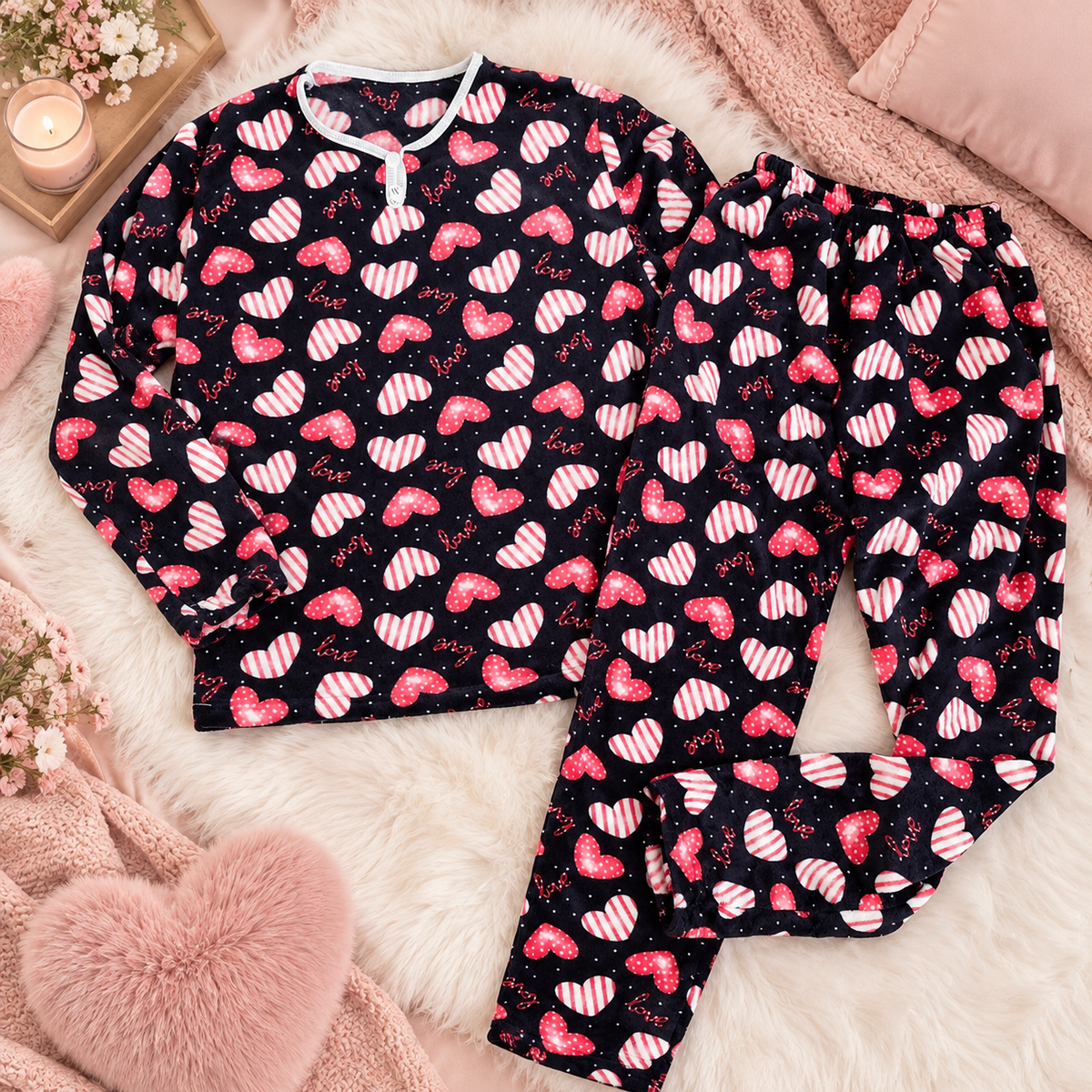 Women's Long Sleeve Heart Print Pajama Set | S-L