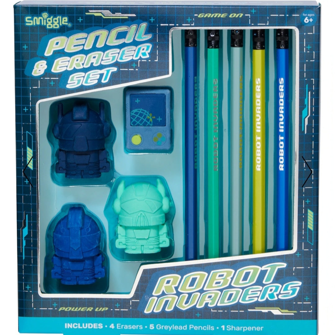 Smiggle Pencil & Eraser Set Robot Invaders