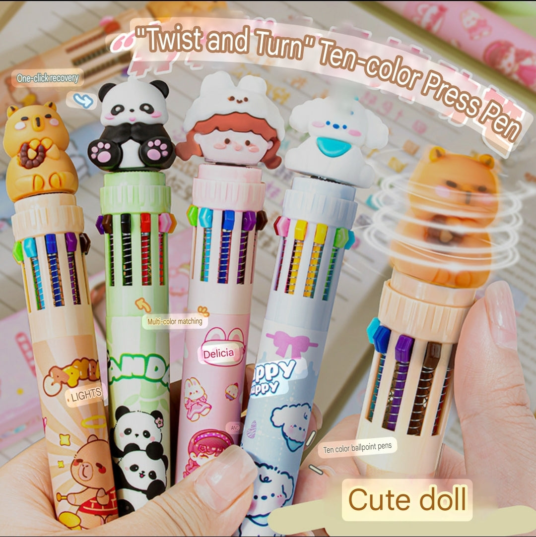 Cartoon Pen Ballpoint Multicolor Pen Press 10 Color Rotary Pen