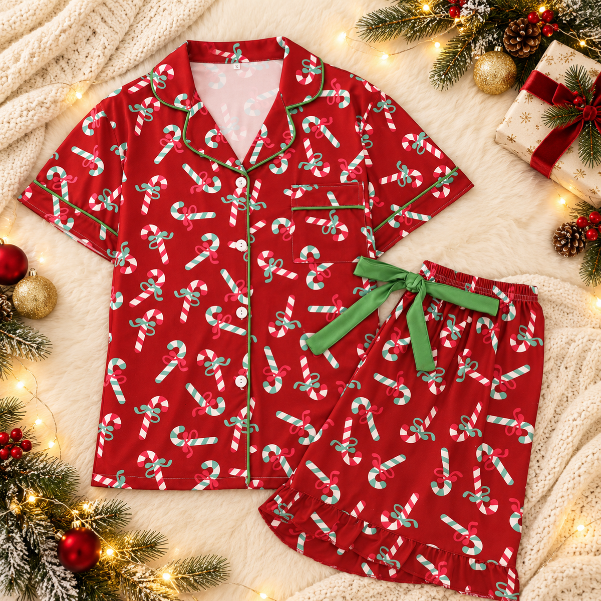 Red Christmas candy cane two-piece pajama set flat lay