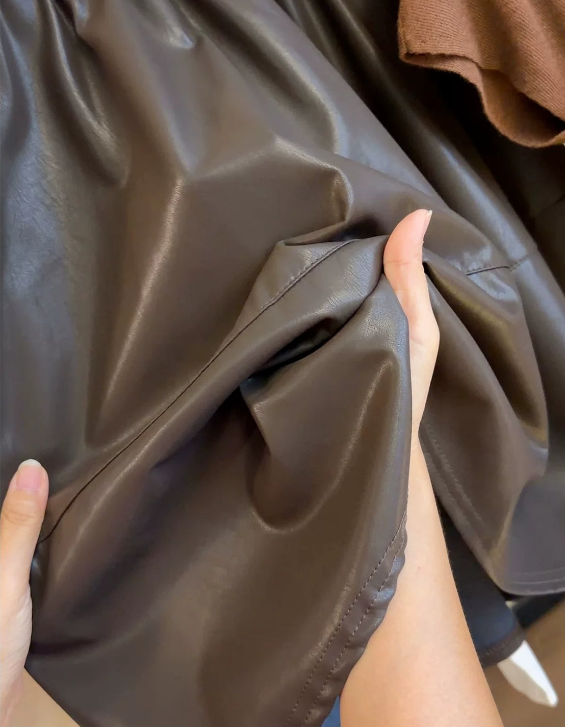 Chocolate Brown Faux Leather A-Line Mini Skirt | M/L