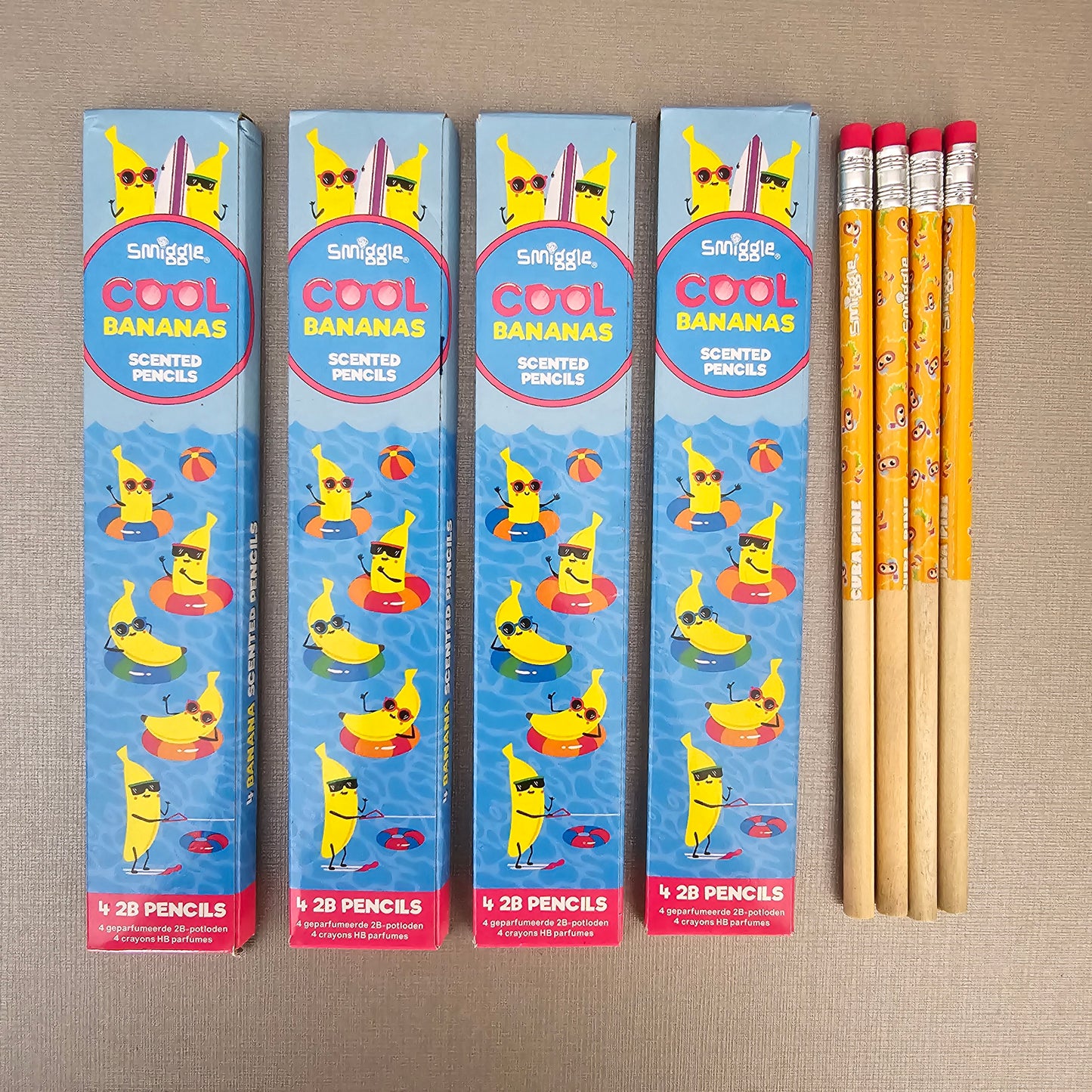 Smiggle Pencils x 4 Pack Scented HB Wooden With Eraser Top Banana