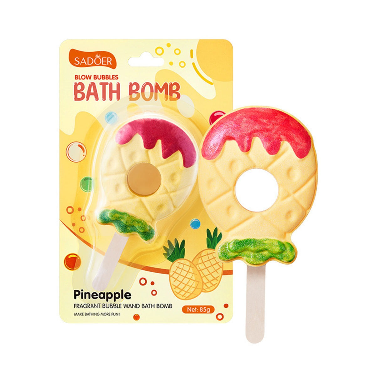 Pineapple scented SADOER bath bomb lollipop 85g with retail packaging
