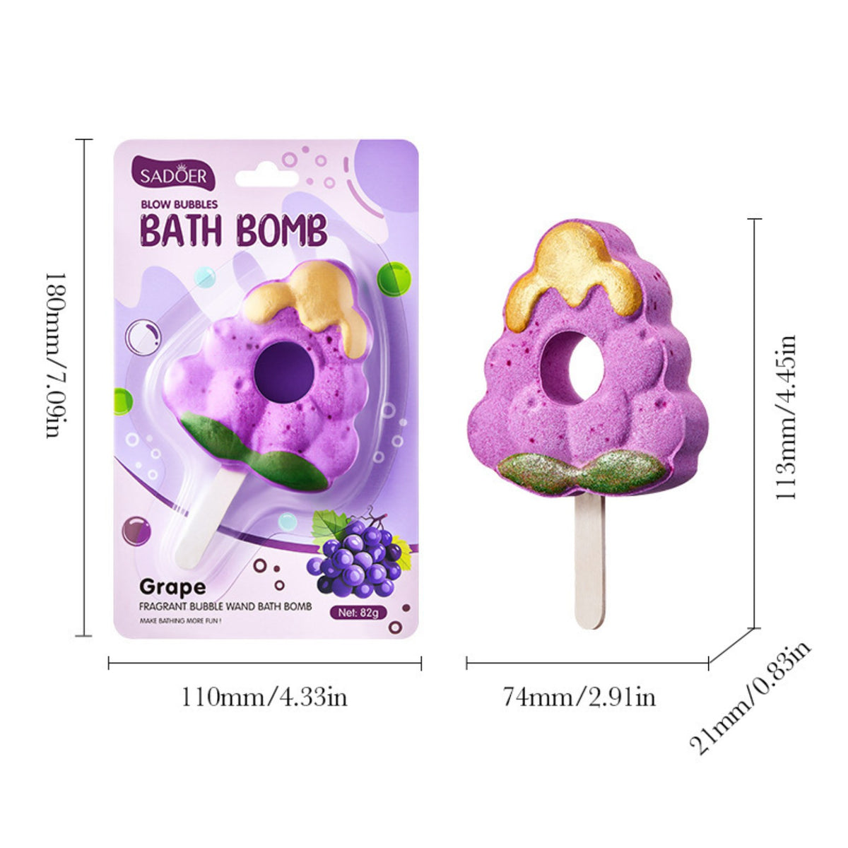 Bath bomb lollipop dimensions 113 x 74 x 21 mm; packaging 180 x 110 mm