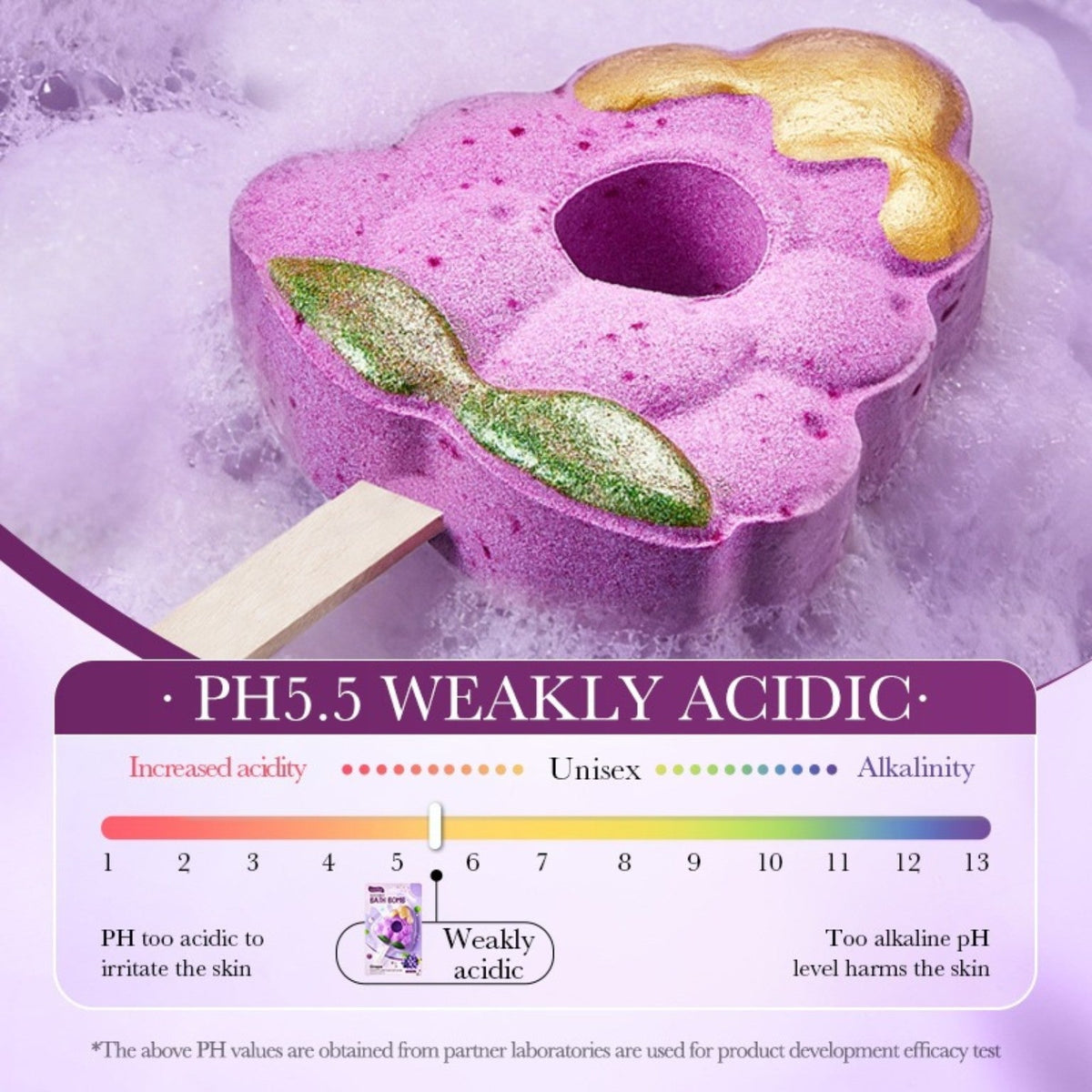 Grape bath bomb in foam with supplier pH information