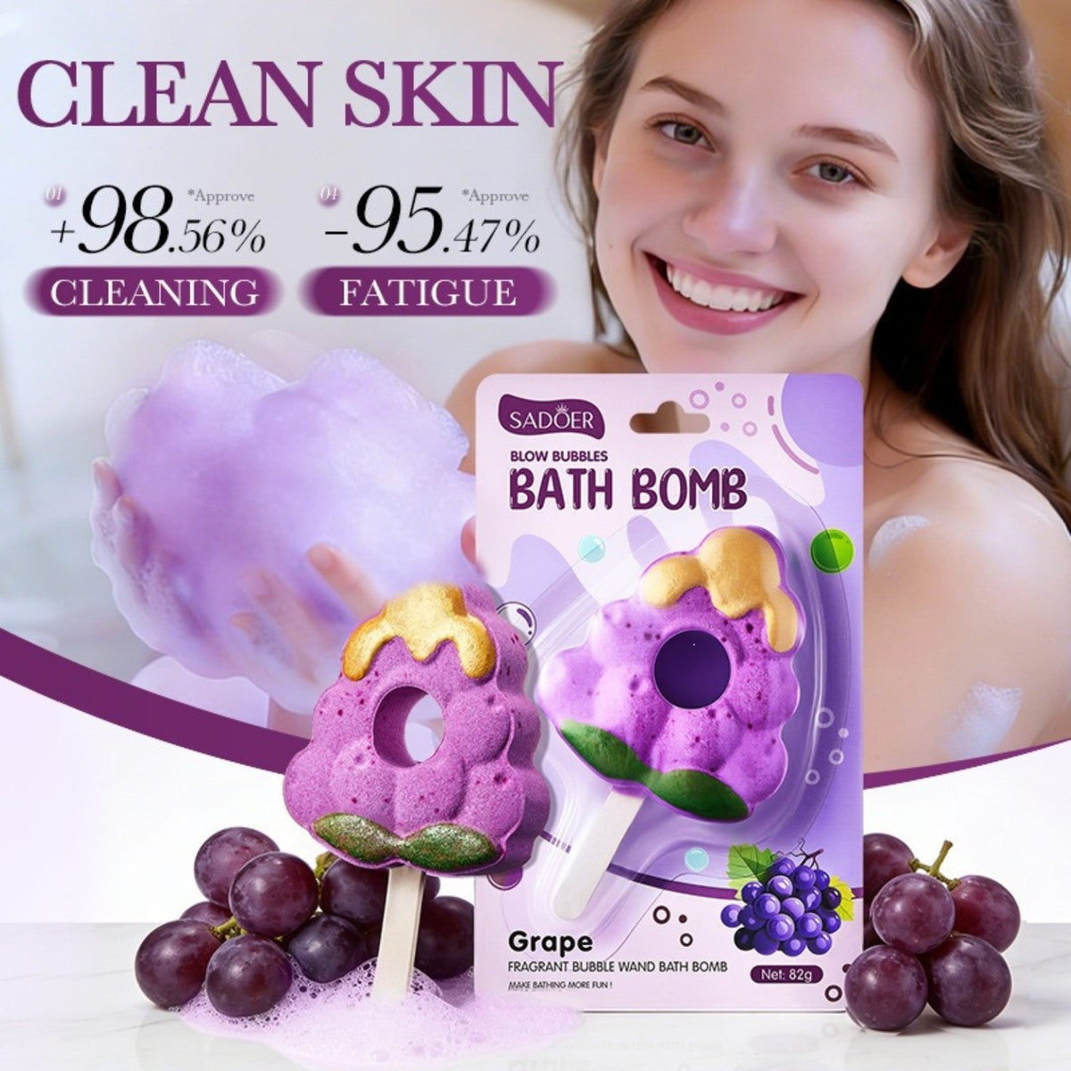 Grape bath bomb packaging and supplier promotional graphic