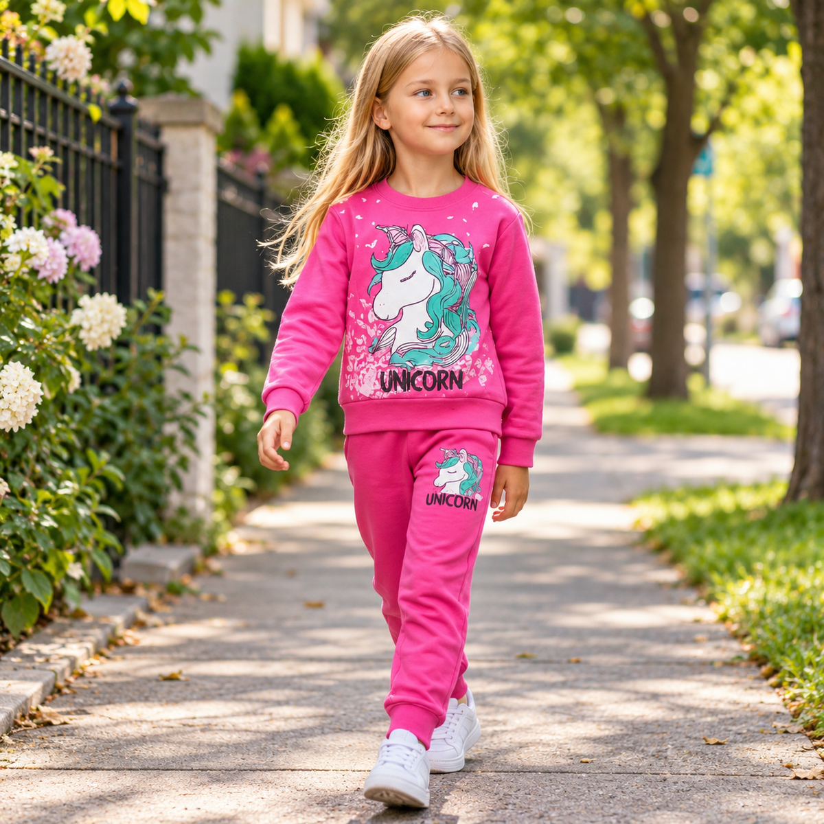 Girls’ Fuchsia Unicorn Fleece Sweatshirt & Joggers Set / 3–10Y