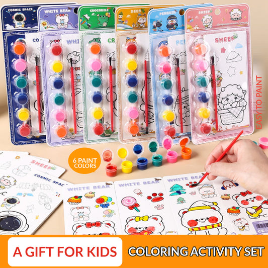 Kids Watercolor Painting & Coloring Card Set – 6 Paints, 8 Designs | 3+