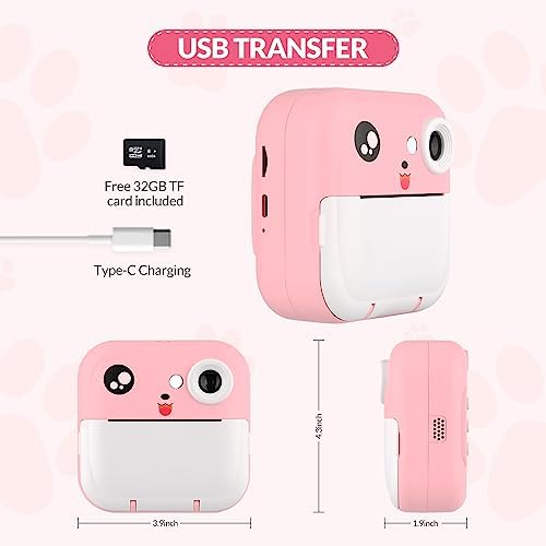 Instant Camera for Kids with Photo 48MP 1080P Video 32GB Birthday Gifts for Girls Age 3-12