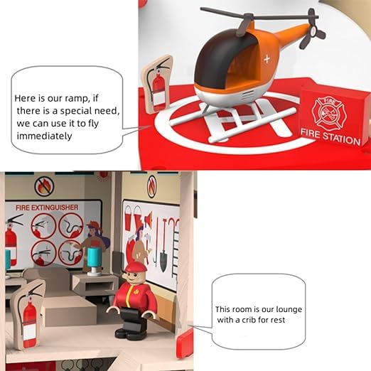 Fire Station Wooden Playset Toy Stimulates Key Motor Skills and Promotes Team Play
