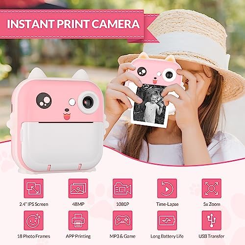 Instant Camera for Kids with Photo 48MP 1080P Video 32GB Birthday Gifts for Girls Age 3-12