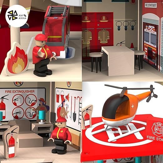 Fire Station Wooden Playset Toy Stimulates Key Motor Skills and Promotes Team Play