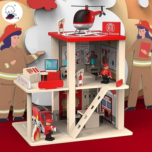 Fire Station Wooden Playset Toy Stimulates Key Motor Skills and Promotes Team Play
