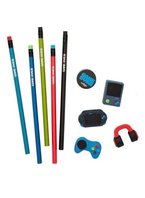 Smiggle Pencils & Erasers Set Game Over Design