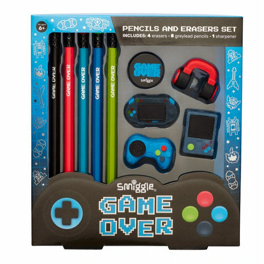 Smiggle Pencils & Erasers Set Game Over Design